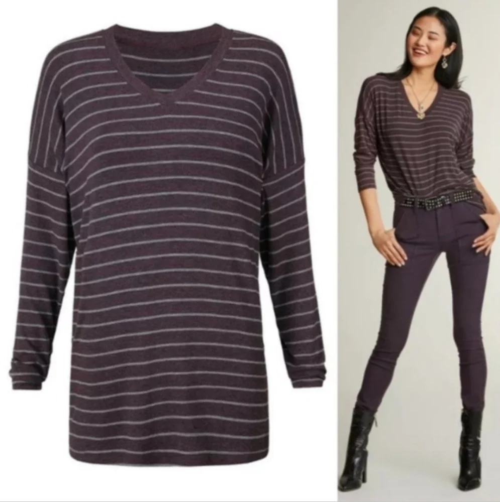 Cabi Serenity Long Sleeve V-Neck Tee Style# 3998 In Plum With Light Gray Stripe
